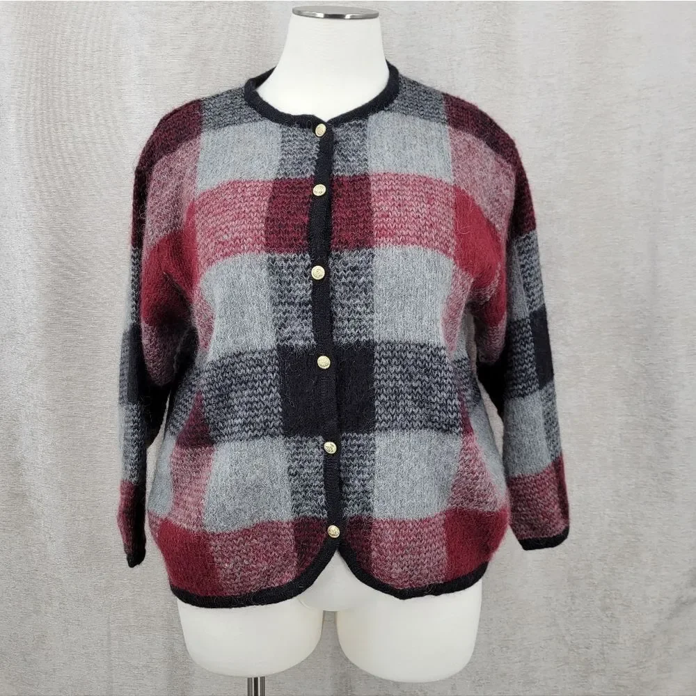 Dressbarn Mohair Blend Plaid Knit Cardigan in Red and Gray Vintage